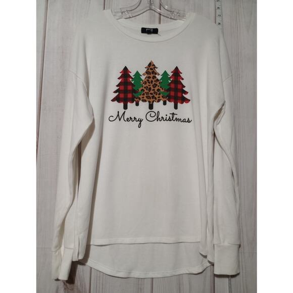Modern Canvas‎ Shirt Womens Large Merry Christmas Buffalo Plaid Trees Pullover - Picture 1 of 7